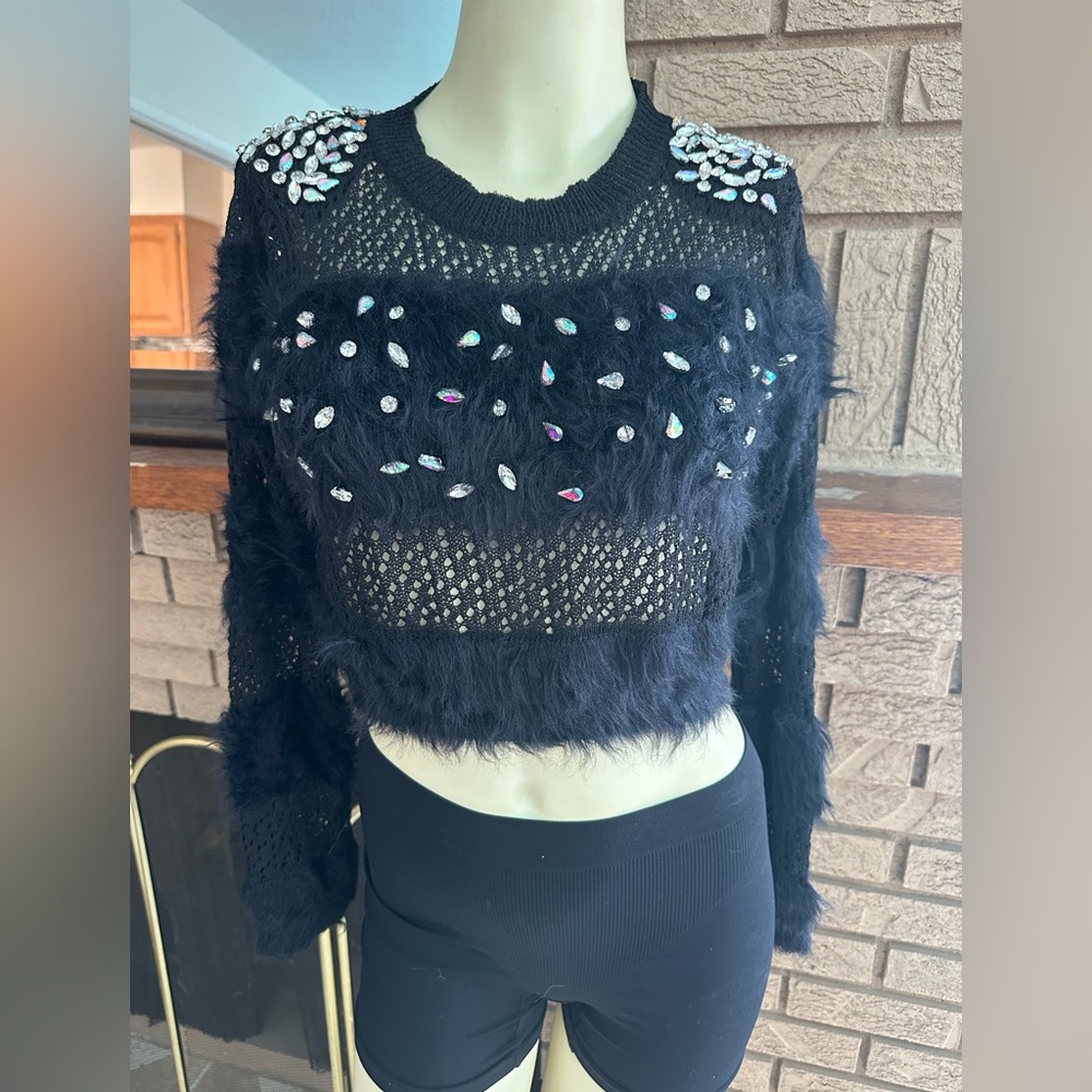 La' Ros Black Furry Sweater with Rhinestones